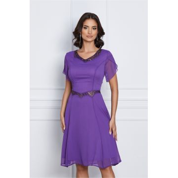 Rochie Linda violet cu glitter in talie si la decolteu