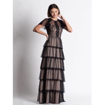 Rochie lunga eleganta confectionata din randuri din tull si dantela cu imprimeu buline negre