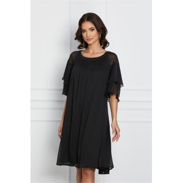 Rochie Mara neagra din voal cu fir lurex si insertii in relief