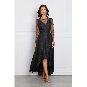 Rochie Mihaela neagra cu model in relief si buline pe maneci
