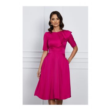 Rochie Moze magenta din satin cu volan pe bust