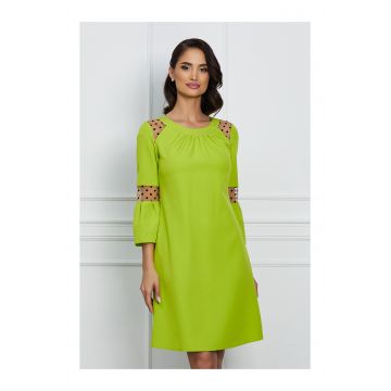 Rochie Moze verde lime cu buline catifelate pe maneci