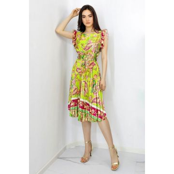 Rochie plisata Liliana, cu maneca scurta si volanase, Verde deschis, Marime universala S/M