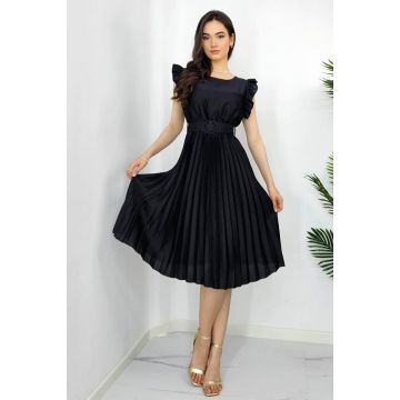 Rochie plisata midi, Elenor, cu volanase si curea asortata, Negru, Marime universala S/M