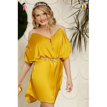 Rochie Pretty Girl eleganta galben-mustar vaporoasa cu maneci cazute in falduri