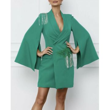 Rochie sacou eleganta verde cu broderie si franjuri din perle