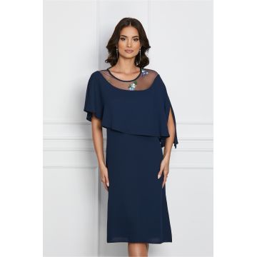 Rochie Sara bleumarin cu volan si broderie florala pe bust