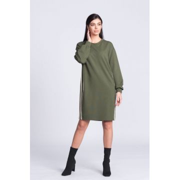 Rochie Xara casual kaki prevazuta cu benzi decorative pe lateral