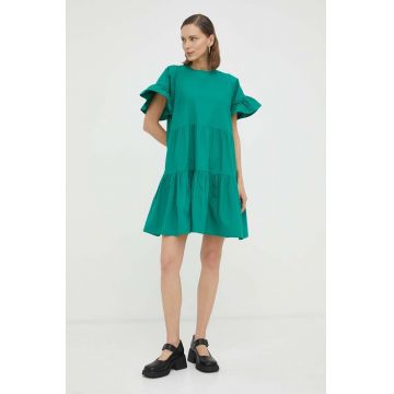 2NDDAY rochie din bumbac culoarea verde, mini, evazati 2NDDAY rochie din bumbac culoarea verde, mini, evazati