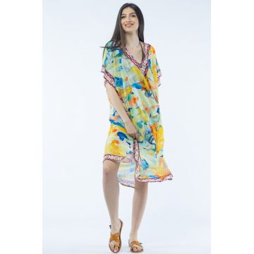 Rochie lunga de plaja tip poncho cu imprimeu acuarela multicolora