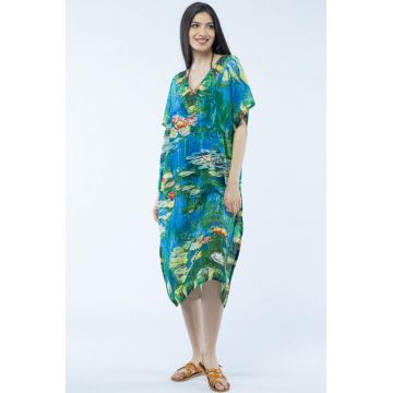 Rochie lunga de plaja tip poncho cu imprimeu dupa   Nuferii   de Claude Monet