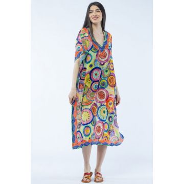 Rochie lunga de plaja tip poncho cu imprimeu mandale multicolore