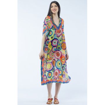 Rochie lunga de plaja tip poncho cu imprimeu mandale multicolore