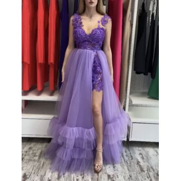 Rochie lunga violet din tull cu volane la baza