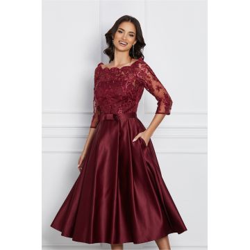 Rochie MBG bordo din tafta cu dantela la bust