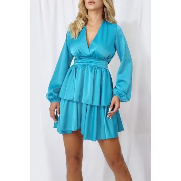 Rochie satinata Freira, cu volane si maneci lungi, Turquoise, Marime universala S/M