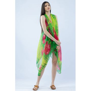 Pareo plaja din material plisat matasos si usor, in nuante exotice de verde si fucsia