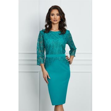 Rochie Aurora turcoaz cu dantela la bust si peplum in talie
