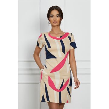 Rochie Charlote blej cu imprimeu fucsia si bleumarin