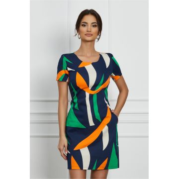 Rochie Charlote bleumarin cu imprimeu orange si verde