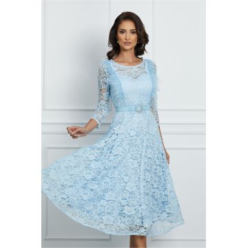 Rochie Claire bleu din dantela cu pene si curea