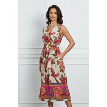 Rochie Daniela bej cu imprimeu floral rosu