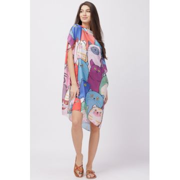 Rochie de plaja tip poncho din matase cu imprimeu pisici multicolore