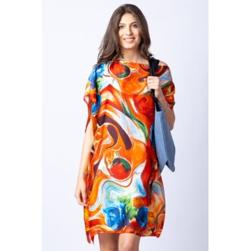 Rochie de plaja tip poncho din matase cu trandafiri albastri pe fond orange