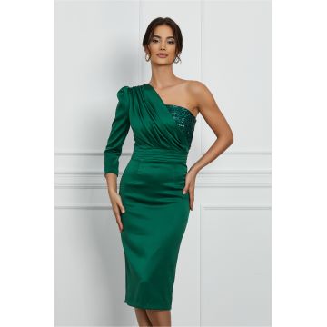 Rochie Dy Fashion verde cu paiete la bust si o maneca trei sferturi