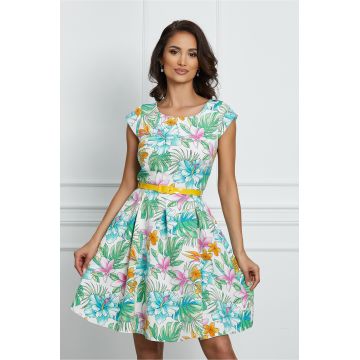 Rochie Ella alba cu imprimeu exotic colorat si curea in talie