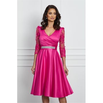 Rochie Ella Collection Adria fucsia cu maneci din dantela si cordon in talie