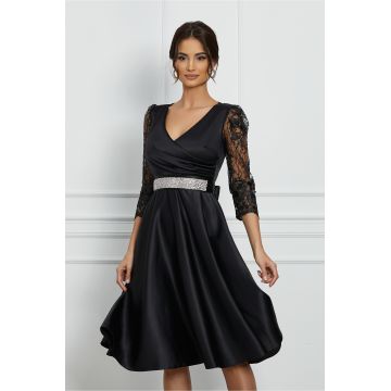 Rochie Ella Collection Adria neagra cu maneci din dantela si cordon in talie