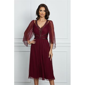 Rochie Ginette bordo din matase cu paiete pe bust