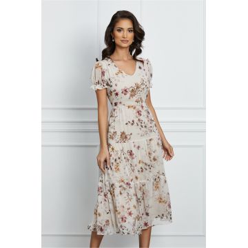 Rochie Ilona ivory din voal cu imprimeuri florale maro