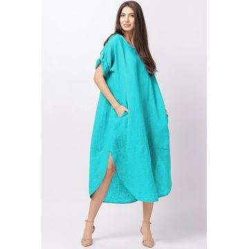 Rochie lalea oversize din in cu buzunare si crapaturi laterale rotunjite, albastru azur