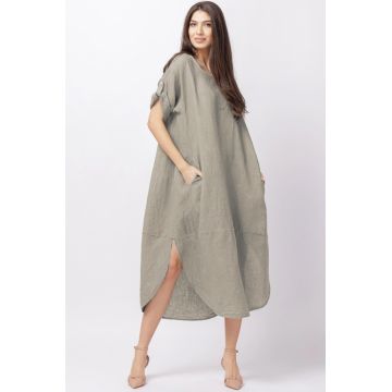 Rochie lalea oversize din in cu buzunare si crapaturi laterale rotunjite, bej inchis