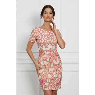 Rochie Liana ivory cu imprimeu fucsia si galben