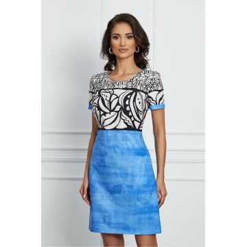 Rochie Luciana bleu cu imprimeu alb-negru la bust