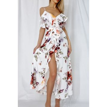 Rochie lunga Georgia, cu crapatura pe picior, Alb, Marime universala S/M