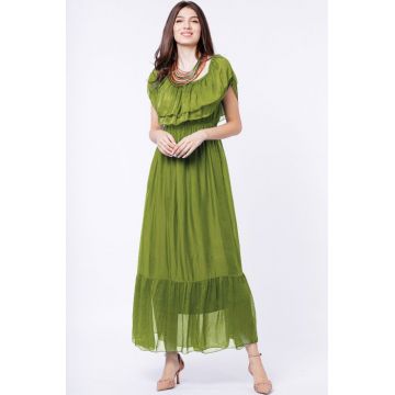 Rochie lunga, verde olive, din matase si vascoza, cu volan pe umeri