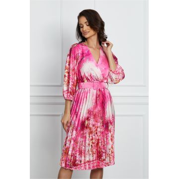 Rochie Mara fucsia cu imprimeuri florale roz si decolteu in V