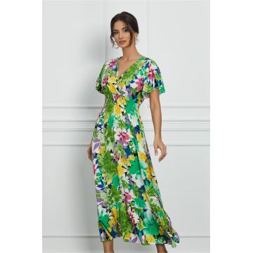 Rochie Mara verde cu imprimeuri florale colorate