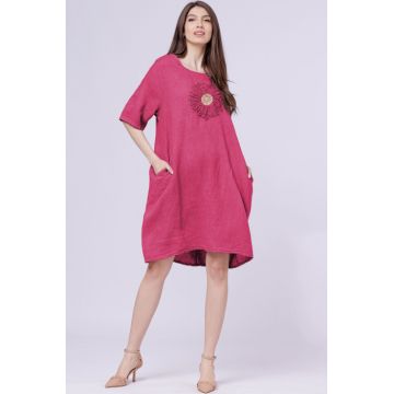 Rochie midi din in cu floare din paiete pe piept, mov zmeura