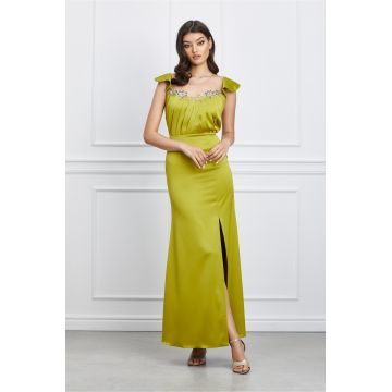 Rochie Moze lunga lime cu broderie la bust