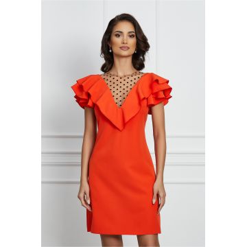 Rochie Moze orange cu volanas si tulle cu buline la baza gatului