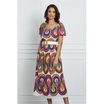 Rochie Oana alba de vara cu imprimeu multicolor si curea in talie