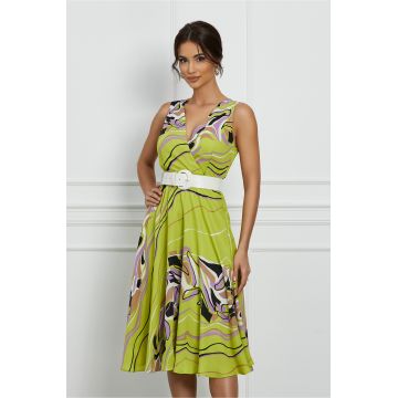 Rochie Rona verde lime cu imprimeu lila si bej