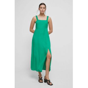 Medicine rochie din amestec de in culoarea verde, maxi, evazati