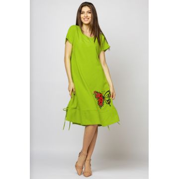 Rochie A line din in mercerizat, verde fistic, cu sireturi laterale si imprimeu fluture cu flori