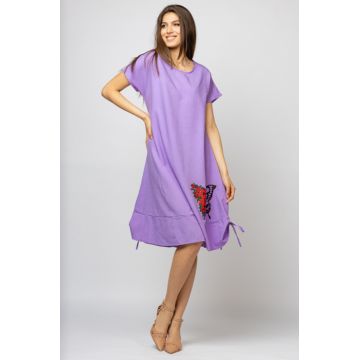 Rochie A line din in mercerizat, violet, cu sireturi laterale si imprimeu fluture cu flori